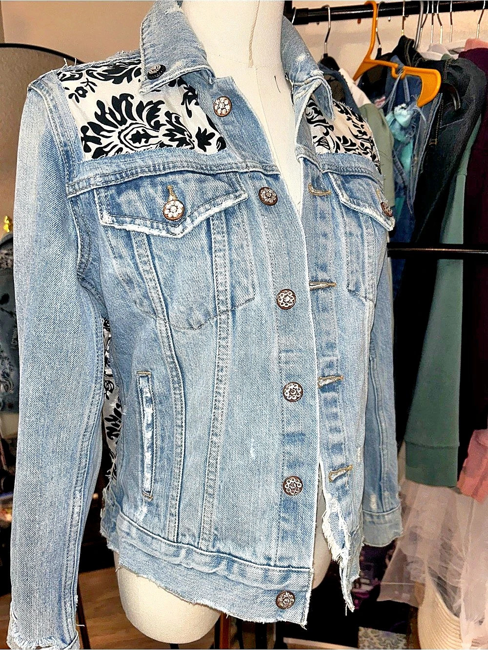 Custom One of A Kind Women's Floral Panel Denim Jacket